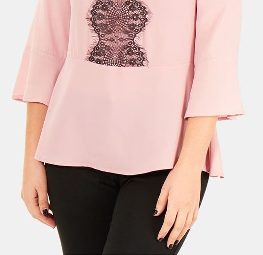 NY Collection Women's 3/4 Sleeve Peplum Top with Trim Pink Size Small