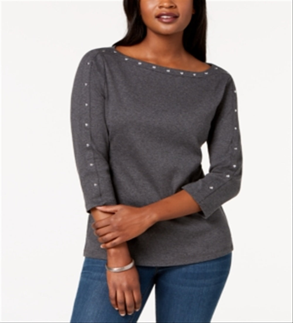 Karen Scott Women's Cotton Keyhole Stud Top Gray Size S