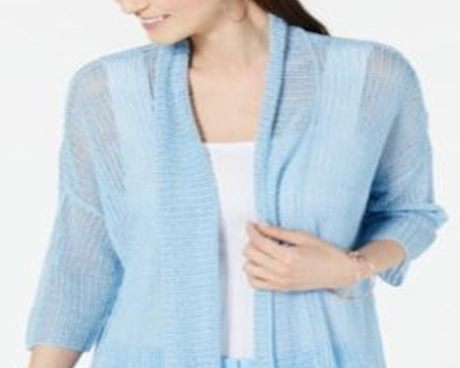 Alfani Women's Linen Blend Open Stitch Kimono Sweater Blue Size X-Small
