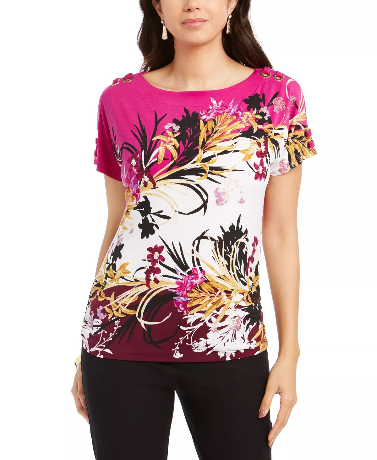 JM Collection Women's Printed Lace Up Top Pink Size Large