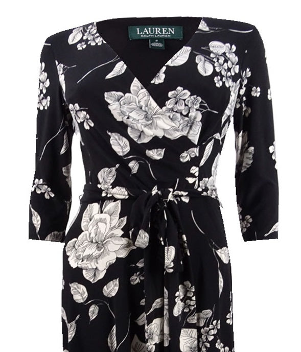 Ralph Lauren Women's Casual Floral Surplice Fit & Flare MIDI Dress Black Size 2