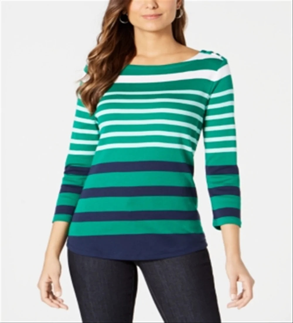 Charter Club Women's Pima Cotton Button-Shoulder Stripe Top Killala Green Combo Green Size XL