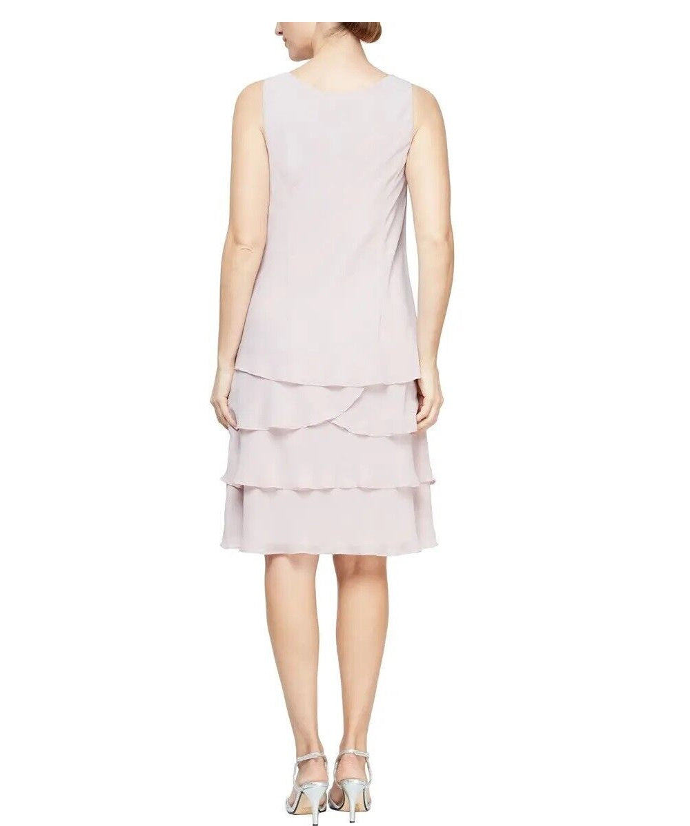 SL Fashions Women's 2 Pc Open Front Jacket & Tiered Fit & Flare Dress Champagne Size 6
