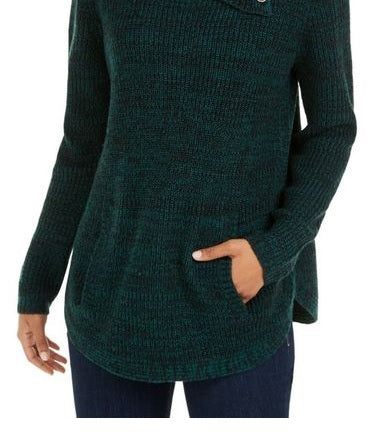 Style & Co Women's Envelope Collar Kangaroo Pocket Sweater Green Size -PP
