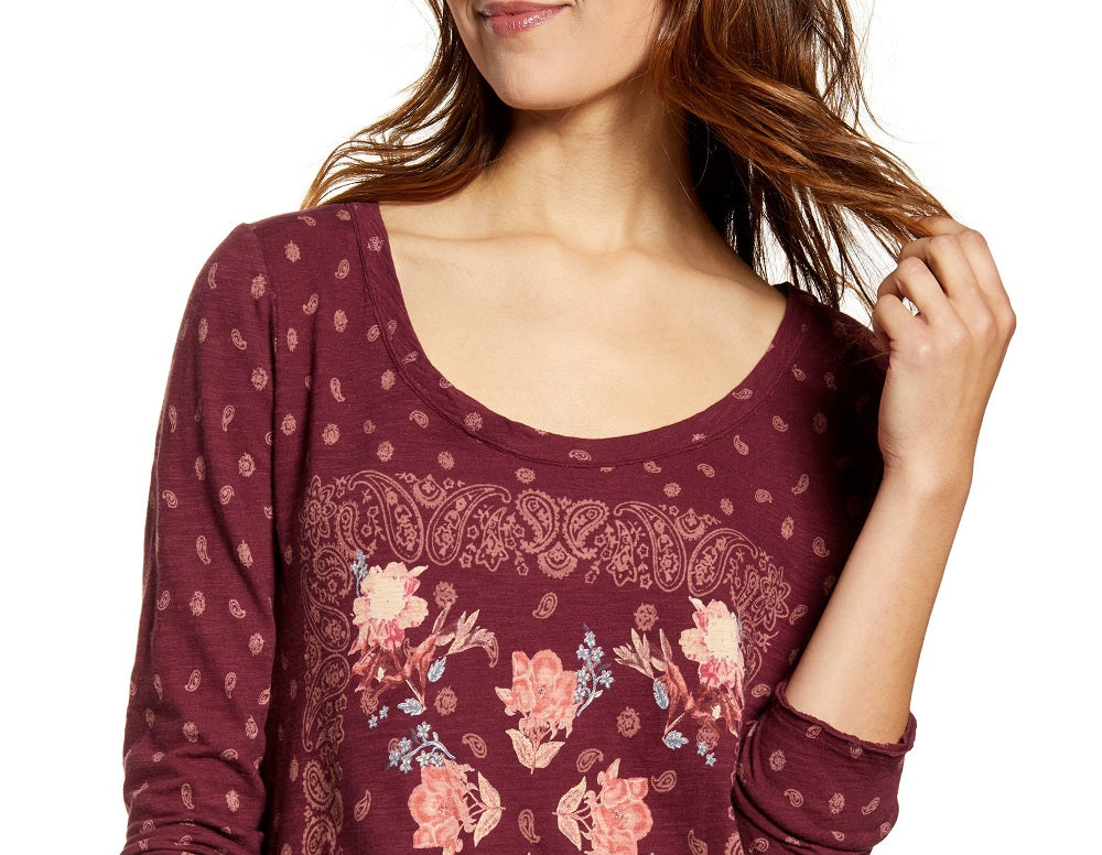 Lucky Brand Women's Printed Long Sleeve T-Shirt Top Red Size X-Large