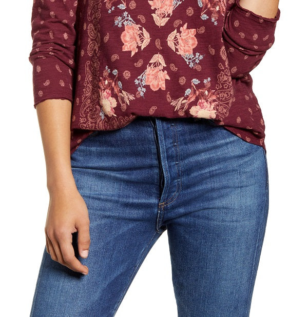 Lucky Brand Women's Printed Long Sleeve T-Shirt Top Red Size X-Large