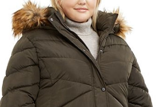 Madden Girl Junior's Plus Faux Fur Trim Hooded Puffer Coat Green Size 3X