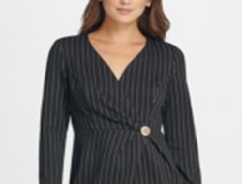 DKNY Women's Rhinestone Pinstripe Long Sleeve V Neck Above the Knee Wrap Wear to Work Dress Black Size 10