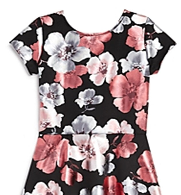 Aqua Girls' Metallic Floral Print Dress Big Kid Black Size Small