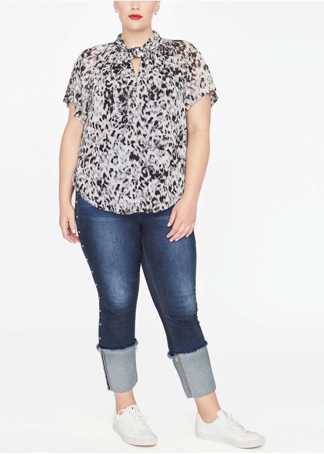 Rachel Roy Women's Printed Short Sleeve Keyhole Top Plus White Size 1X