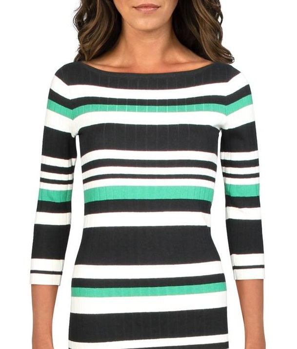 Ralph Lauren Women's Striped 3/4 Sleeve Boat Neck Below the Knee Body Con Dress Green Size Large