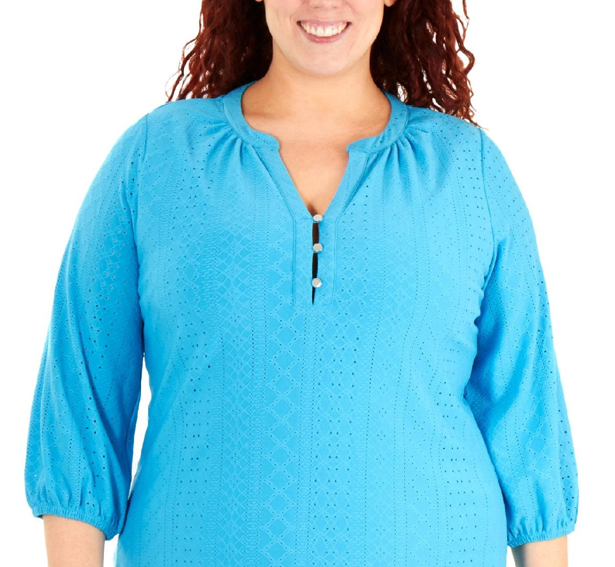 NY Collection Women's Plus Size 3/4 Sleeve Mandarin Collar Top Blue Size 1X