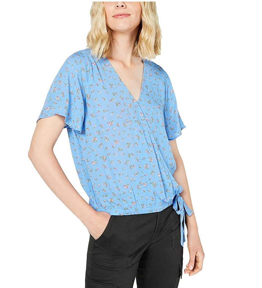 Hippie Rose Women's Juniors Floral Print Short Sleeves Blouse Blue Size Large
