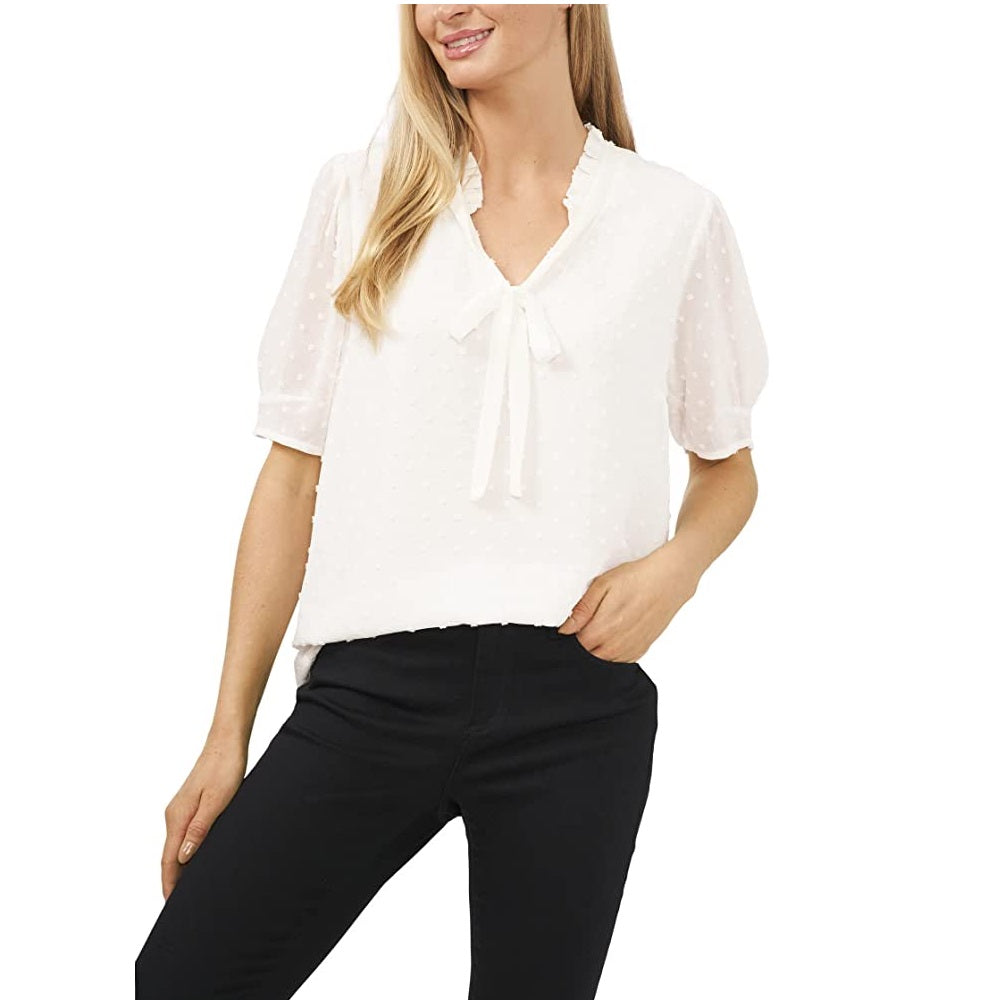 CeCe Women's Mixed-Media Clip-Dot Blouse Soft Ecru  Size XL