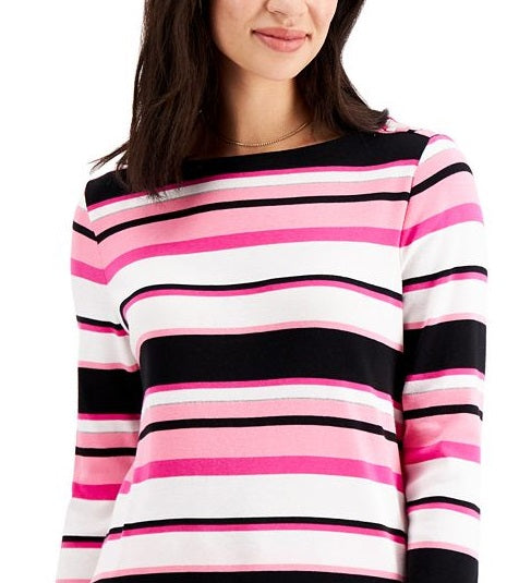 Charter Club Women's Pima Cotton Button Shoulder Stripe Top Pink Size S