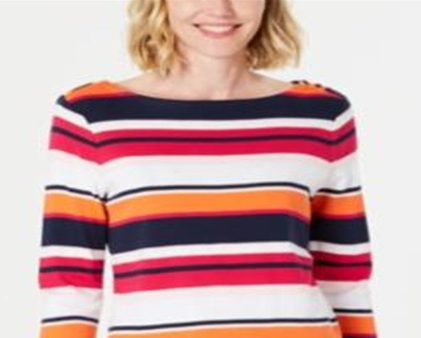 Charter Club Women's Pima Cotton Button Shoulder Stripe Top Pink Size Medium