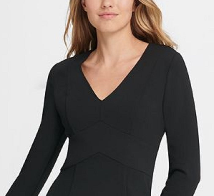 DKNY Women's Long Sleeve V Neck Above the Knee Sheath Party Dress Black Size 10