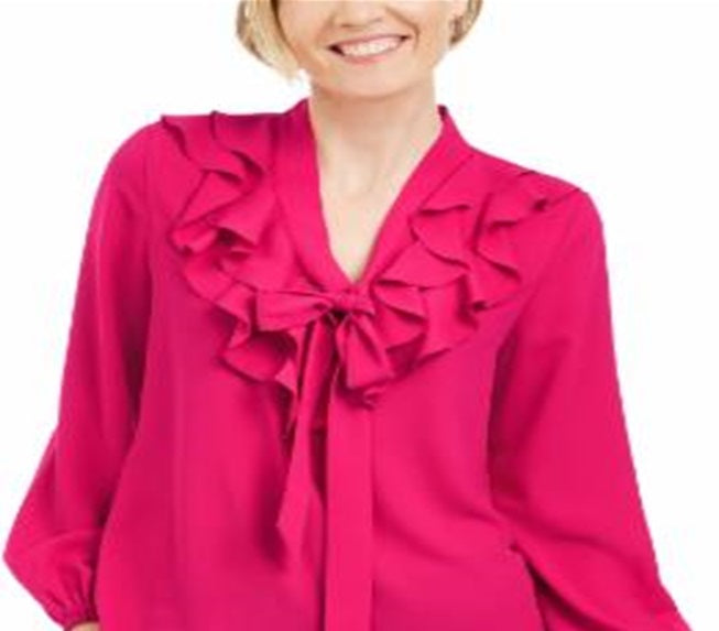 Kasper Women's Long Sleeve Tie Neck Blouse Pink Size Petite Medium