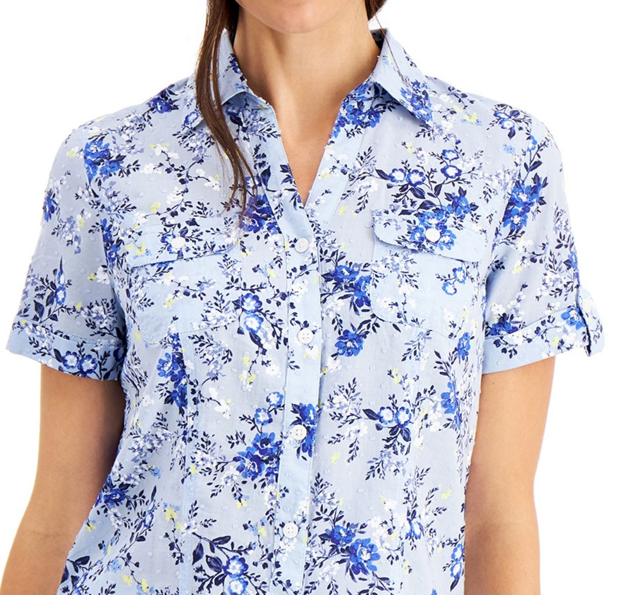 Karen Scott Women's Tuscan Garden Cotton Shirt Blue Size Petite Large