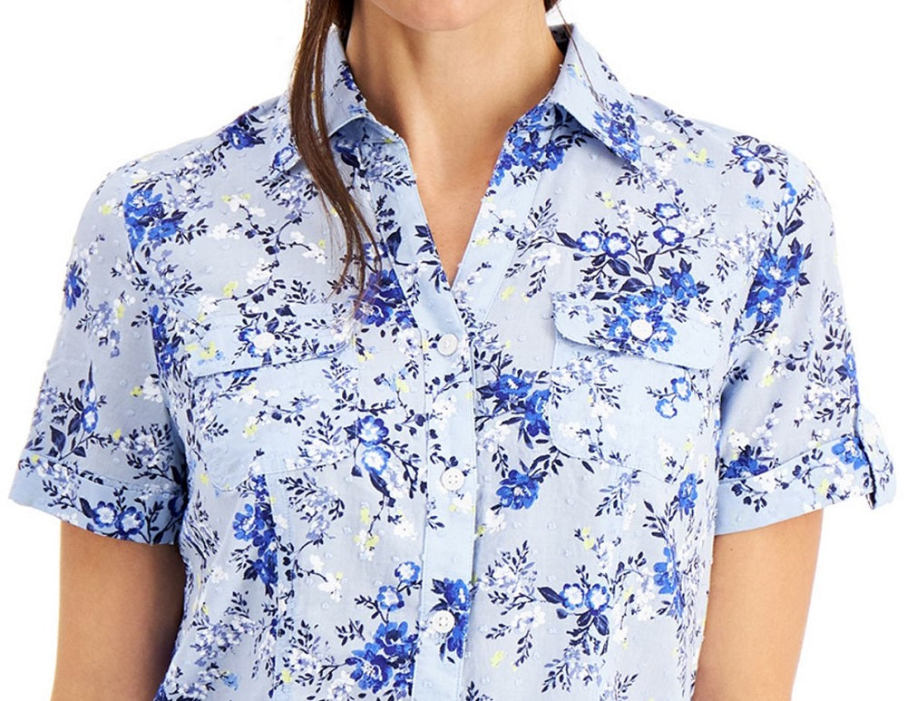 Karen Scott Women's Tuscan Garden Cotton Shirt Blue Size Petite X-Large