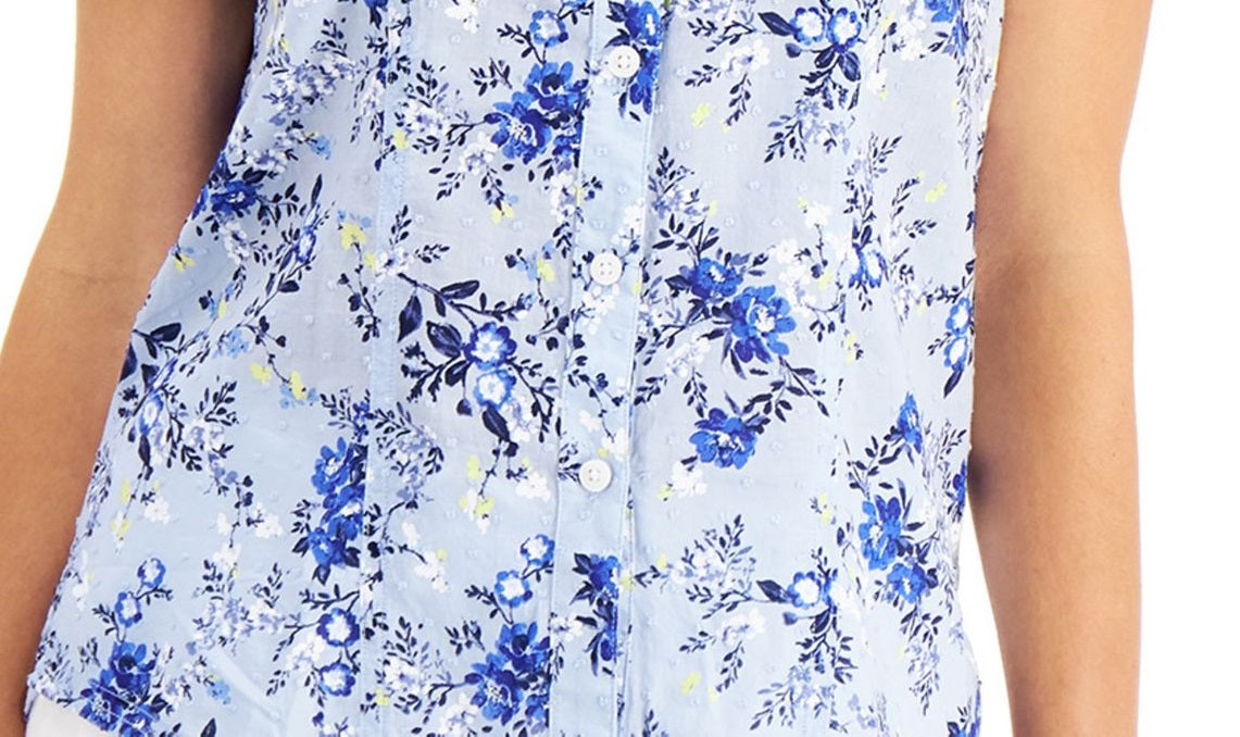 Karen Scott Women's Tuscan Garden Cotton Shirt Blue Size Petite Medium