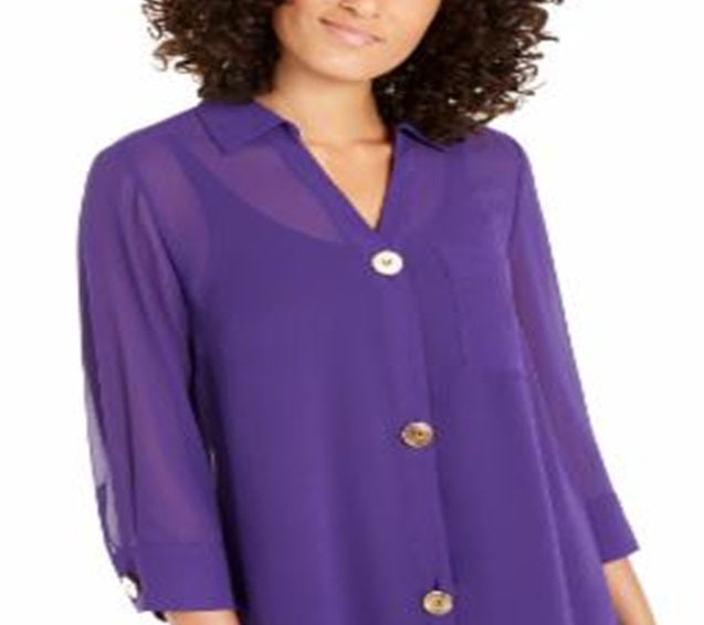 Alfani Women's Semi Sheer 3/4 Sleeve Blouse Purple Size Petite
