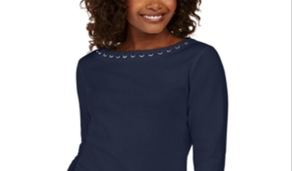 Karen Scott Women's Grommet Trim Cotton Top Blue Size X-Lage