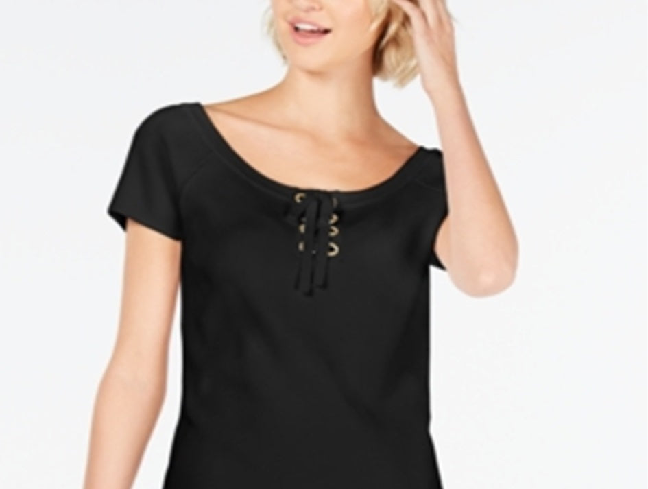 INC International Concepts Women's Lace up Scoop Neck Top Black Size Petite Small