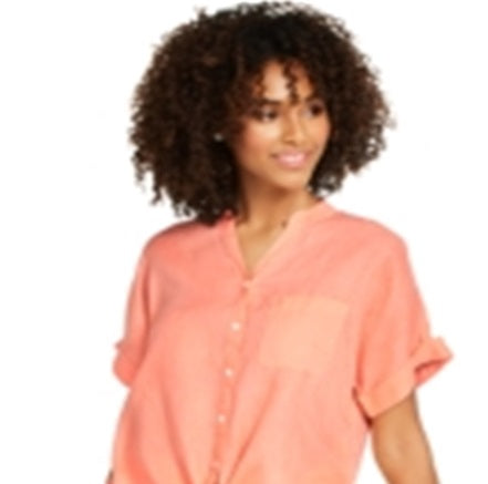 Charter Club Women's Linen Tie-Front Button-up Shirt  Red Size Large
