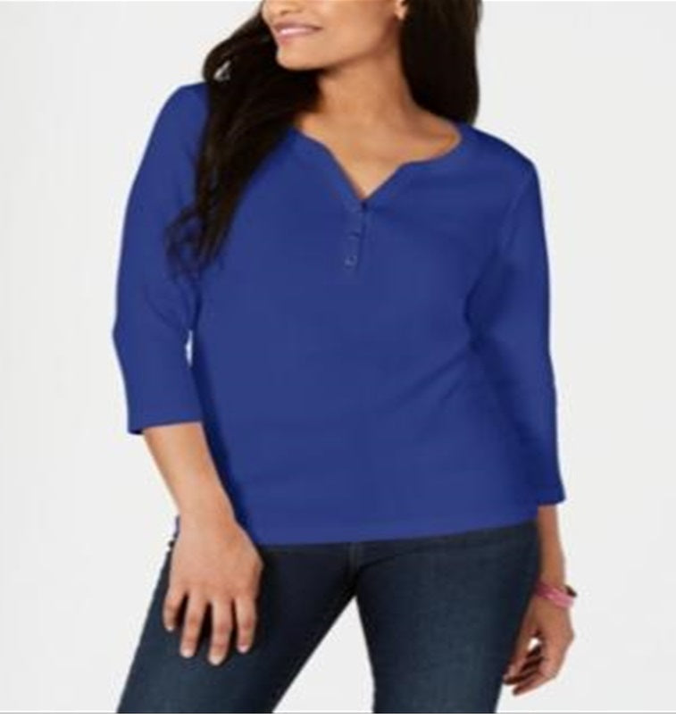 Karen Scott Women's Cotton Henley Top Blue Size X-Small