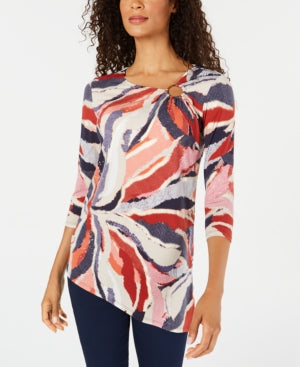 Jm Collection Women's Petite Printed Asymmetrical Top Red Size Petite XL