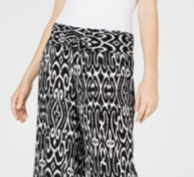 INC International Concepts Women's Ikat-Print Crinkle Gauze Pants Black Size Petite XL