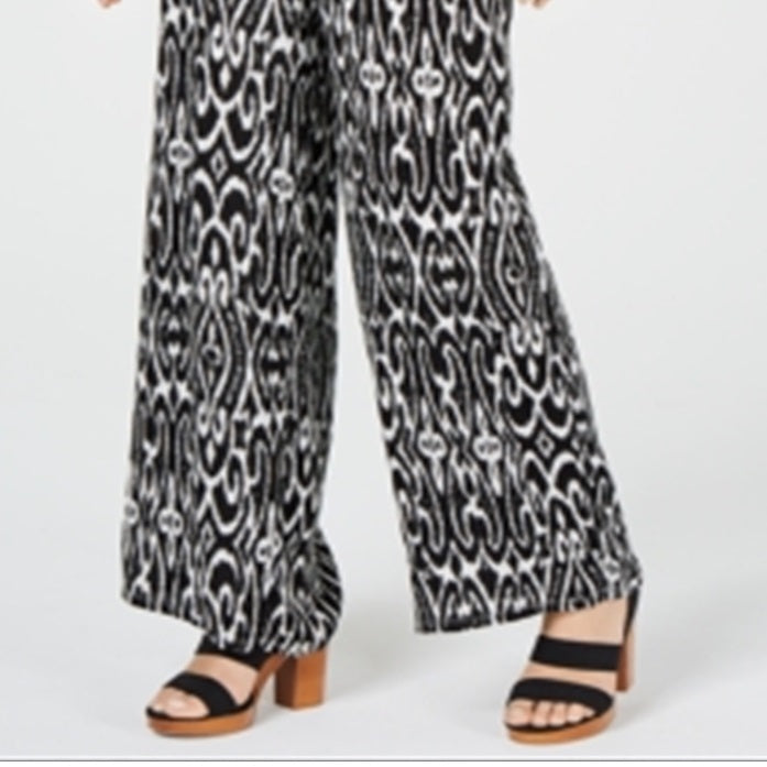 INC International Concepts Women's Ikat-Print Crinkle Gauze Pants Black Size Petite XL