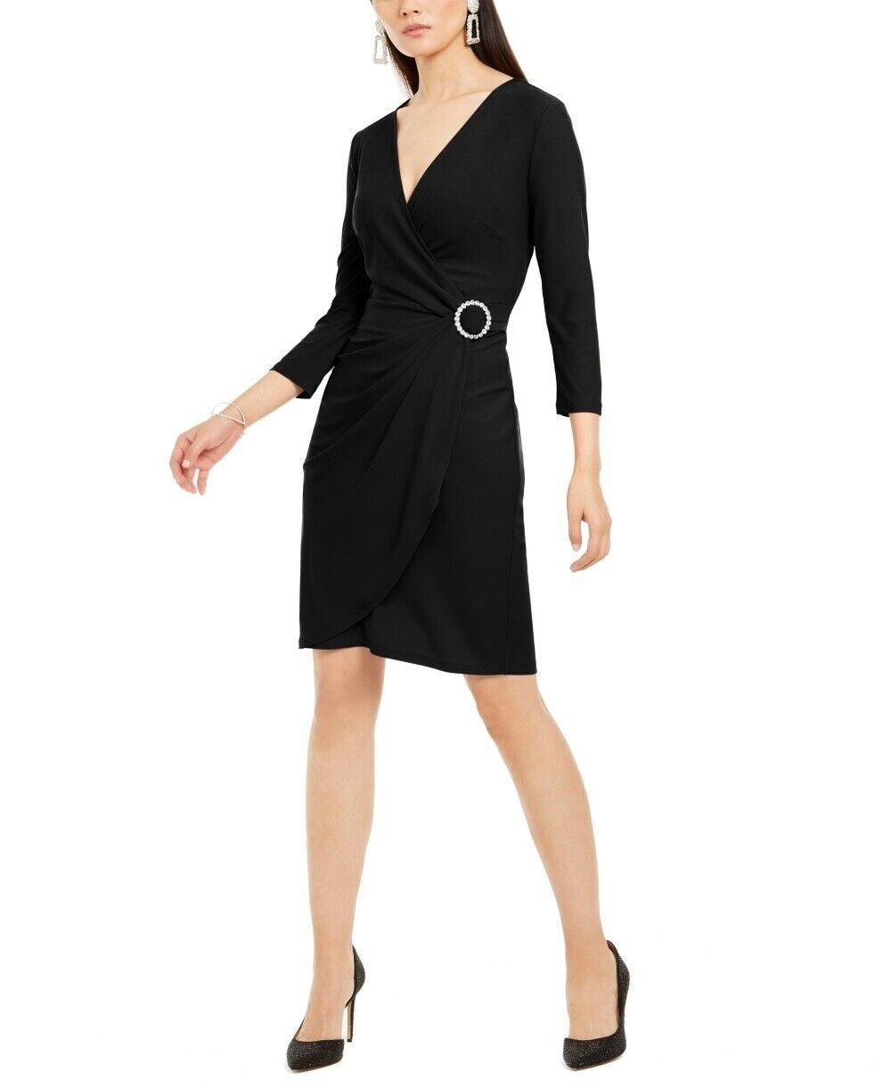 INC Women's Rhinestone Wrap Dress  Deep Black Size Large