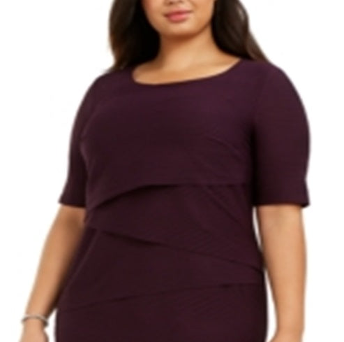 Connected Women's Ribbed Short Sleeve Jewel Neck Above the Knee Sheath Dress Purple Size 18W