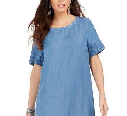 Style & Co Women's Fringed Denim T-Shirt Dress Blue Size X-Small