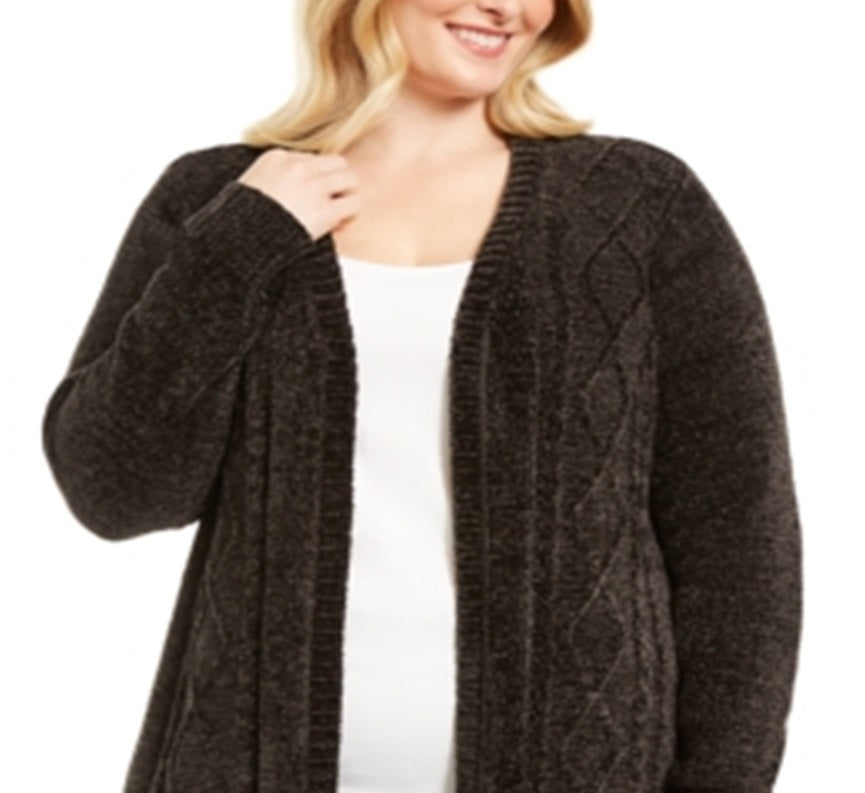 Karen Scott Women's Plus Open Front Chenille Cardigan Black Size 2X