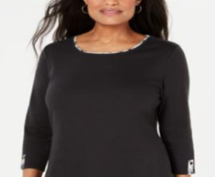 Karen Scott Women's Printed Trim Top Black Size Petite Small