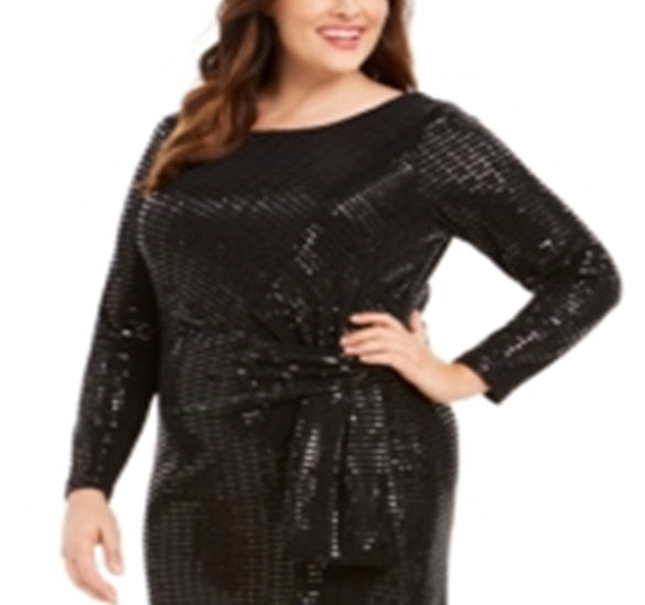 Betsy & Adam Women's Sequined Long Sleeve Jewel Neck Below the Knee Sheath Evening Dress Black Size Petite Small