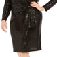 Betsy & Adam Women's Sequined Long Sleeve Jewel Neck Below the Knee Sheath Evening Dress Black Size Petite Small