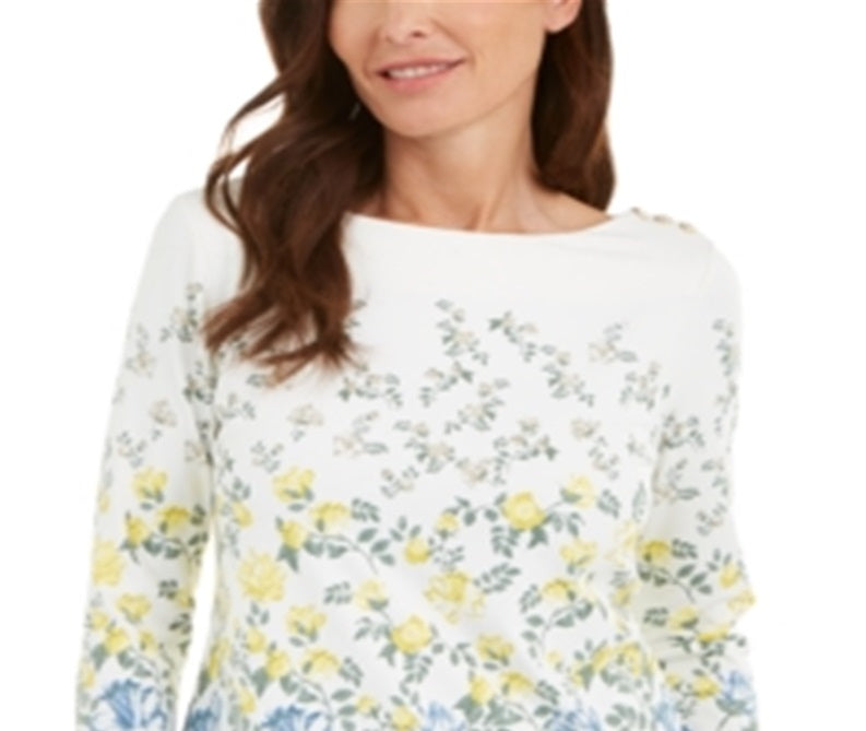 Charter Club Women's Floral Print Boat Neck Top White Size Small