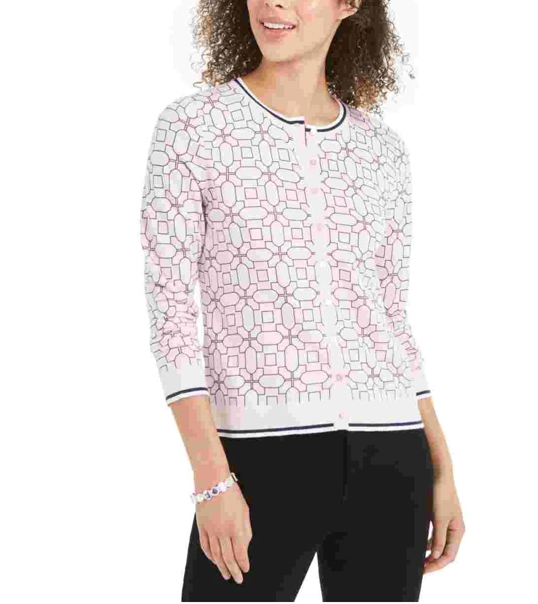 Charter Club Women's Tipped Geo-Patterned Cardigan Misty Pink Cmb Size XS