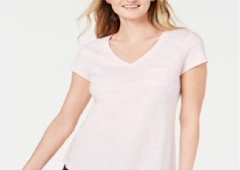 Maison Jules Women's V Neck Patch-Pocket T-Shirt Pink Size X-Large