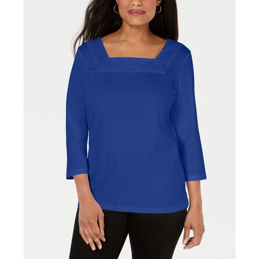 Karen Scott Women's Crochet Square Neck Top Blue Size XXL