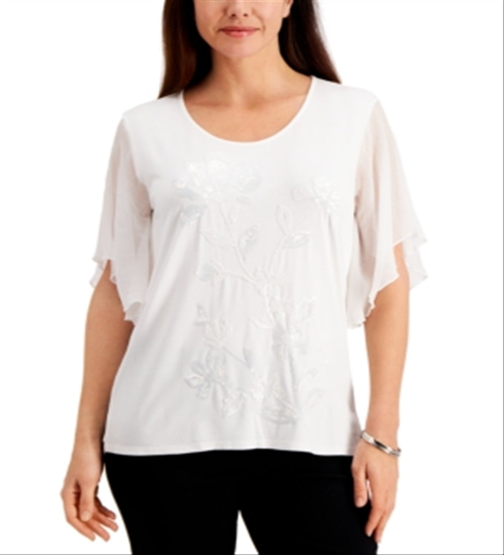 JM Collection Women's  Sequin Flutter-Sleeved Top  White Size Large