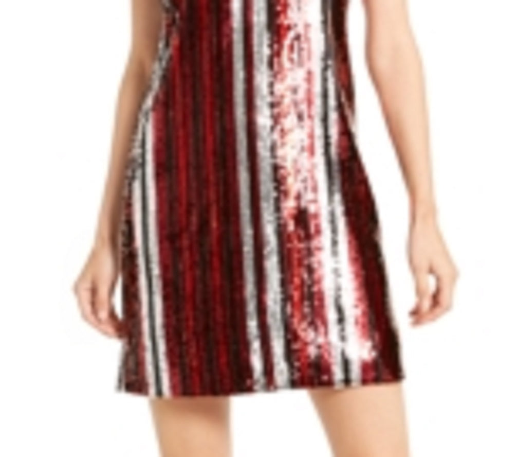 बार III विमेंस सीक्विन्ड स्ट्राइप्ड स्पैगेटी स्ट्रैप वी नेक शॉर्ट शिफ्ट पार्टी ड्रेस ब्लैक साइज़ एक्सएक्स-स्मॉल