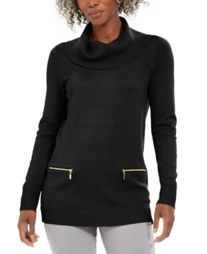 Jm Collection Women's Petite Zip-Pocket Cowlneck Sweater  - Deep Black Size Petite Small