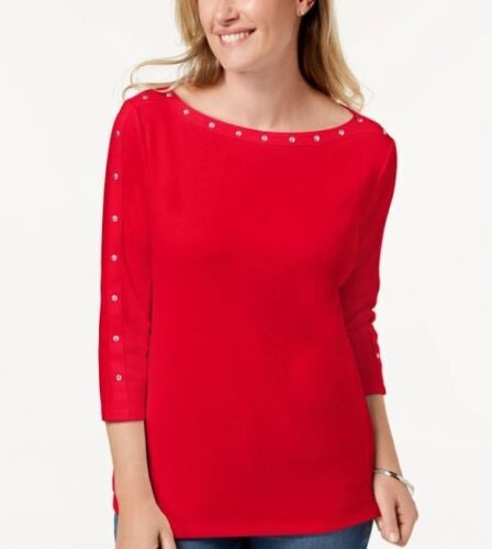 Karen Scott Women's Cotton Stud Trim Boat Neck Top Red Size Petite M