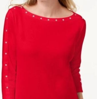 Karen Scott Women's Cotton Stud Trim Boat Neck Top Red Size Petite M