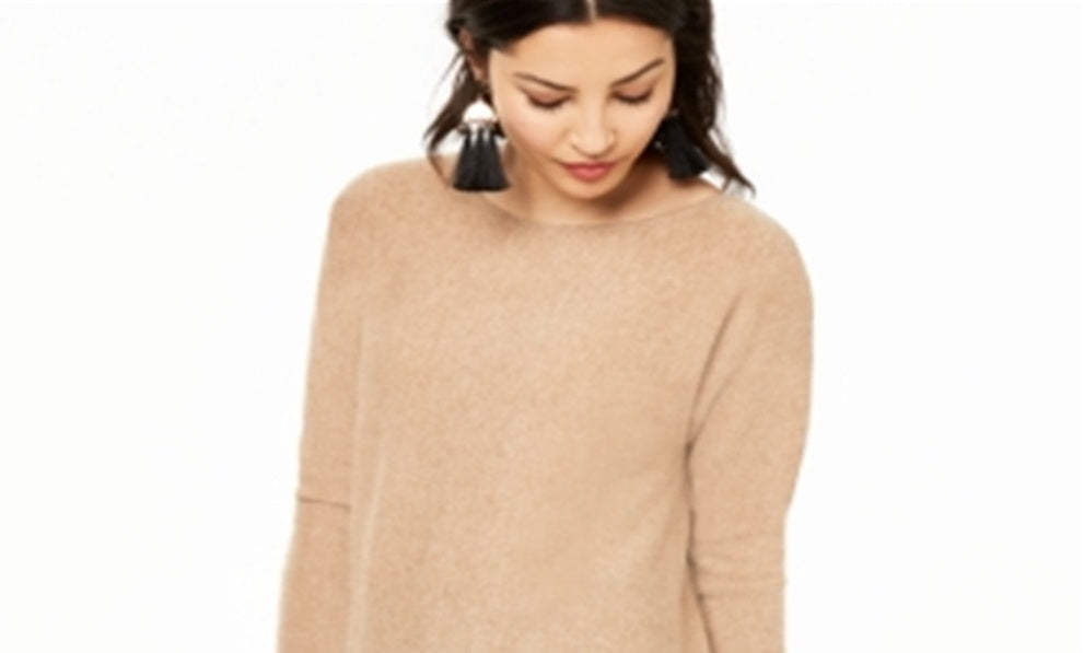 Charter Club Women's Pure Cashmere Long Sleeve Shirttail Sweater Brown Size Petite Small